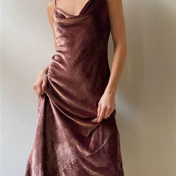 Aritzia Wilfred Silk Spritz Midi Slip Dress Draped Cowl Neck Velvet Sleeveless L - Picture 2 of 2